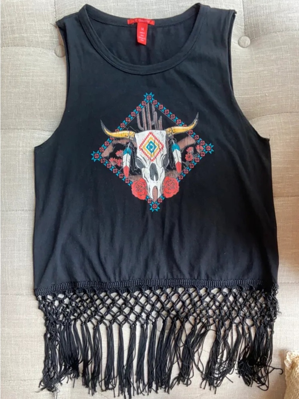 Chelsea & Violet Black Tank with Bull Skull Embroidery and Fringe